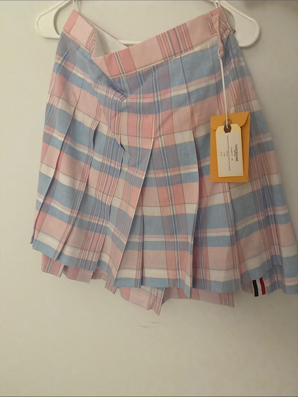 Thom Browne Pastel Pink and Light Blue Plaid Pleated Mini Skirt